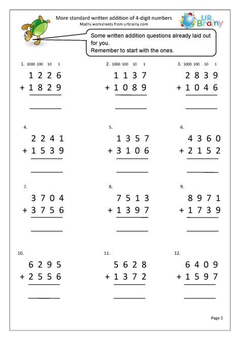 adding 4 digit numbers worksheet.